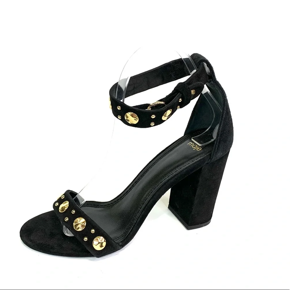 MAJE Quiet Luxury Black Suede Ankle Strap Embellished Sandals, 9